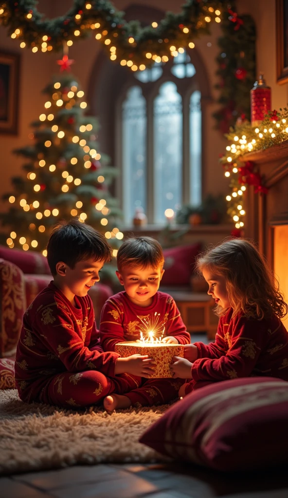 Set by a fireplace in the Gryffindor common room, with warm light illuminating the scene. Harry potter, Ron, and Hermione sit in their pajamas on a soft, cozy rug, eagerly unwrapping presents. Surrounding them are plush armchairs, with blankets and pillows in Gryffindor red and gold. Christmas decorations hang from the walls and ceiling, casting a joyful, magical atmosphere. Their expressions are happy and like as they discover thoughtful gifts. fantasy, dreamy, high resolution, imagine the best version of the scene