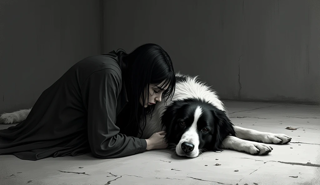 Black silhouette of a naked woman lying on the floor hugging a dog in an affectionate way