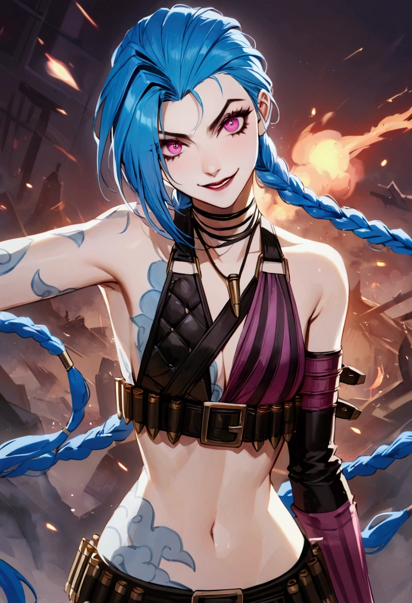 The League of Legends character, Jinx, light blue hair, twin braids, single elbow glove, short shorts, bikini top only, necklace, belt, Manic, impulsive, and a badass... Jinx was born to wreak havoc without consequences. She's a human-sized, self-propelled arsenal that leaves a trail of blinding flames and ear-splitting explosions wherever she goes. Jinx hates boredom, so wherever she goes, chaos and commotion follow,