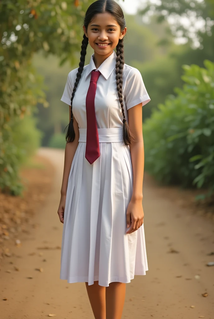 a beautiful cute young teen girl, sri lanka , big breasts size ,see trough white bra under the clothe , wet see trough , bra , brazier ,  detailed white frock uniform, color tie , standing , white shoes and socks , full body , wide photo ,cinematic lighting, hyperrealistic, photorealistic, 8k, masterpiece, warm colors, natural lighting , high quality, intricate details