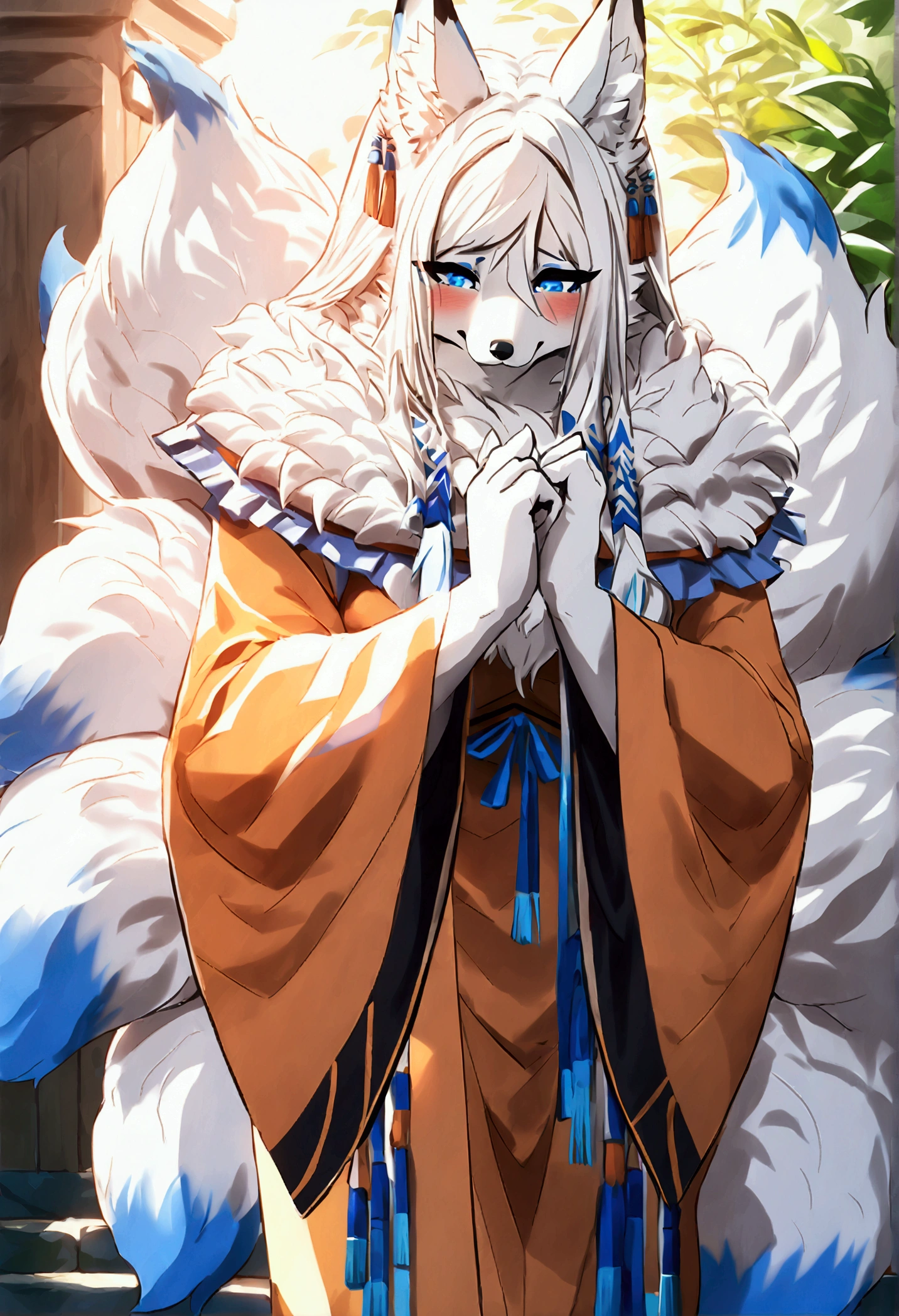 (top quality, best quality, Bogexboog, High-quality illustrations, masterpiece, perfect artwork, cinematic light and shading, 16k, 1080p, uploaded on e621)(kemono, furry, anthro, alone), 1 female, (very detailed body, face, tail, arms, hands, legs, head and eyes), arctic fox, Yukime, (The Eminence in Shadow), hunter body, huge breasts, white fur, fluffy, fluffy nine tails, hair, perfect eyes, blue eyes, black pupils, beautiful dress, beautiful shrine garden, body movement, body twitching, red blushing, shy, protective behavior