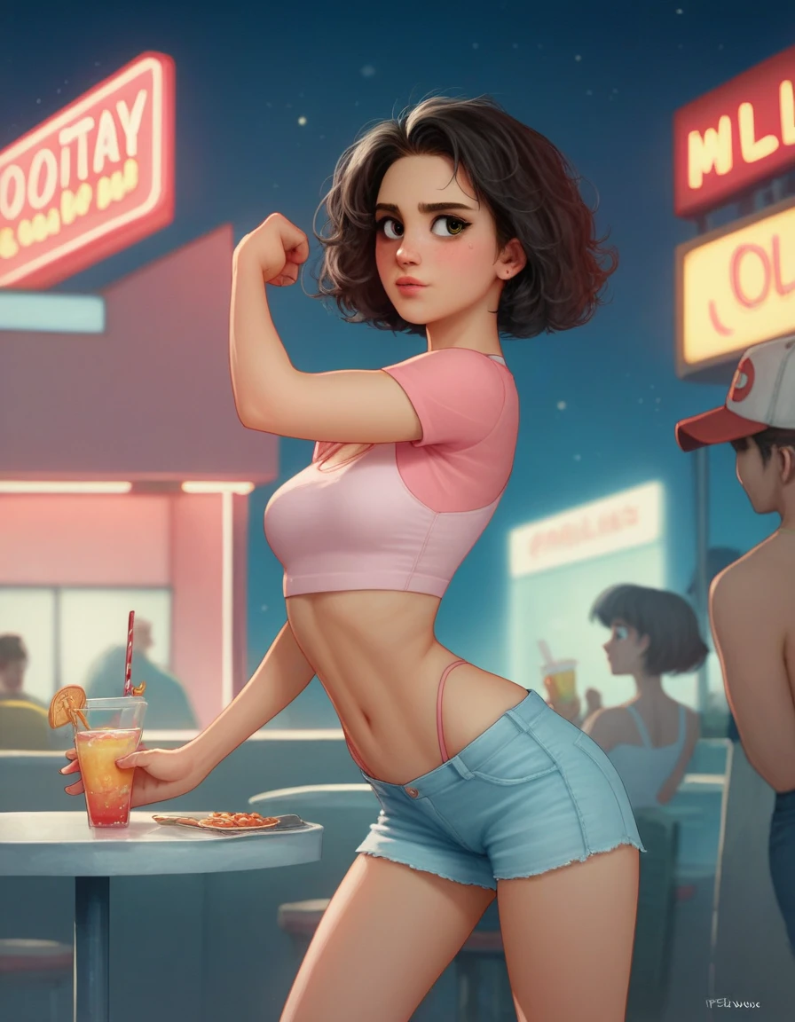 A young Millie Bobby Brown, revealing skimpy cotton pale pink crop-top and tight spandex shorts, working in a diner in the 1980s at night, dynamic pose:1.2, highres highly detailed best quality UHD RTX by Ilya Kuvshinov Tom Bagshaw WLOP, she is shy:1.2, bright lights and neon