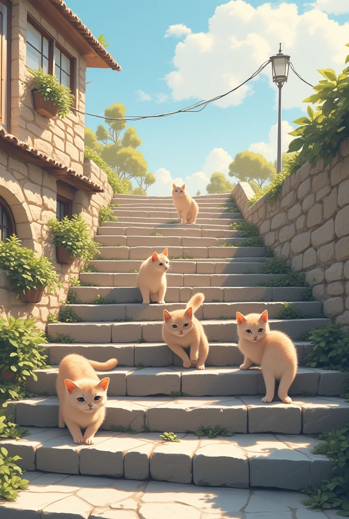 Penrose stairs made of very realistic stone, with cute cats happily walking on them, simple background