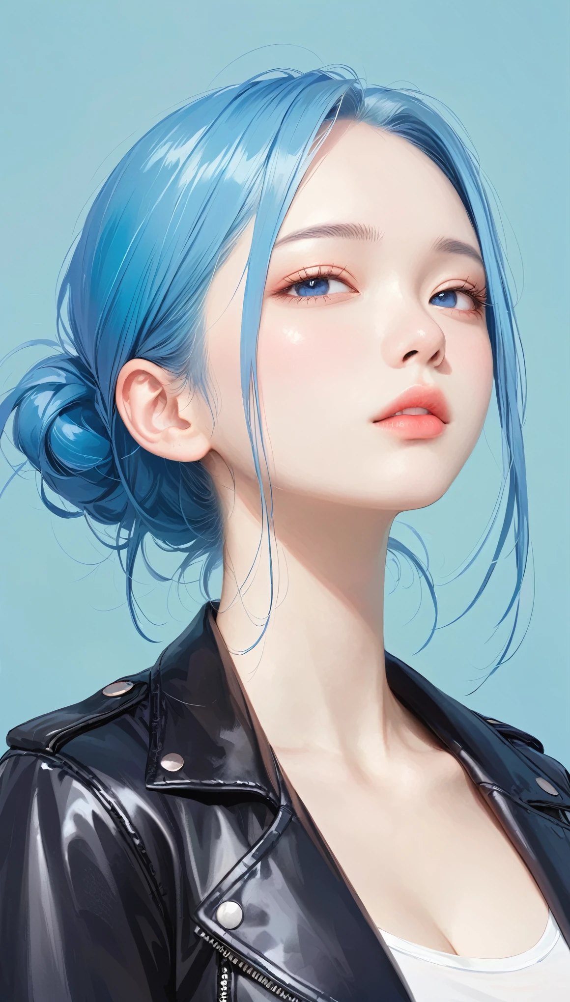 1girl, Alone, Chest, Viewer,  blue eyes,  simple background , Light blue background, Jewelry, medium Chest, Lazy, Half-closed eyes,  blue hair , jacket,  upper body, Open clothes, abdomen, From the side, open jacket, Lips, black jacket,  cropped top below , compensate, leather, leather jacket,style: midjourney,1 girl