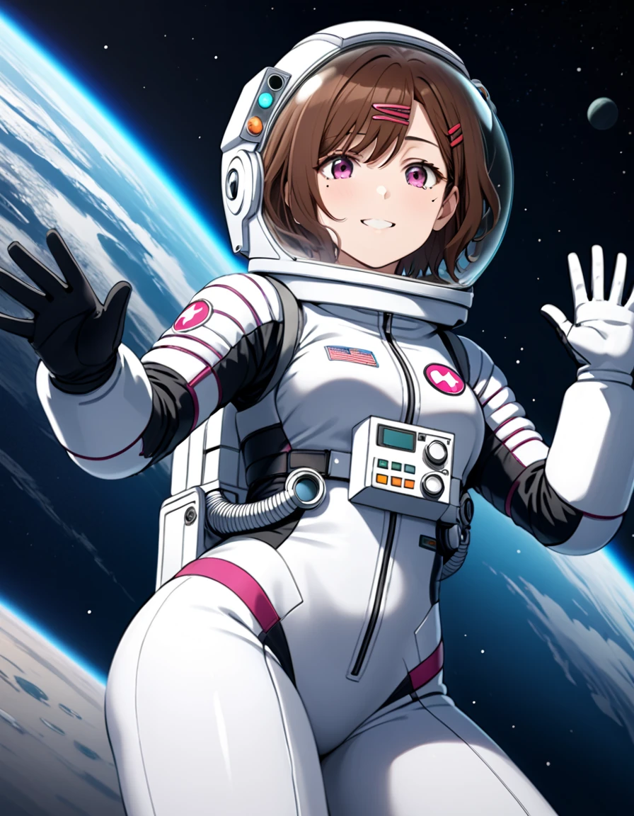 (spacesuit:1.15), white cargo pants, astronaut)bubble helmet, space helmet, gloves , , looking close at you, outer space, floating, masterpiece, best quality, 1girl, beautiful,  image from below, solo, madoka higuchi, brown hair, eyebrows hidden by hair, hairclip, mole, mole under eye, purple eyes, short hair, wavy hair, difficulty breathing, smiling, waving, fullbody