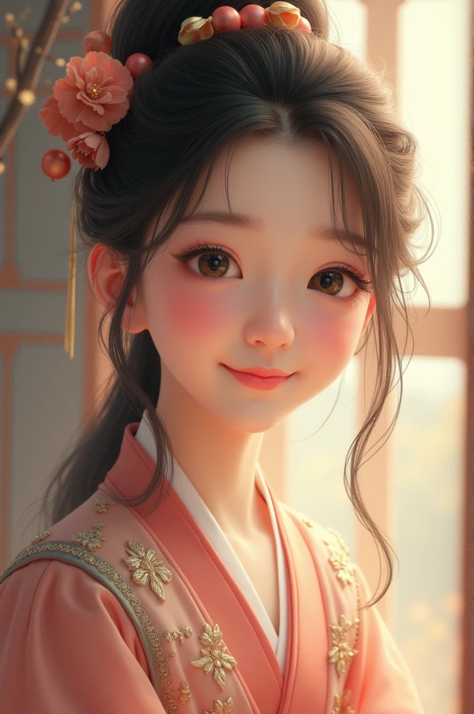 flat illustration style of a cute Chinese girl, double braided pigtails black hair, smiling, wearing earrings, close-up