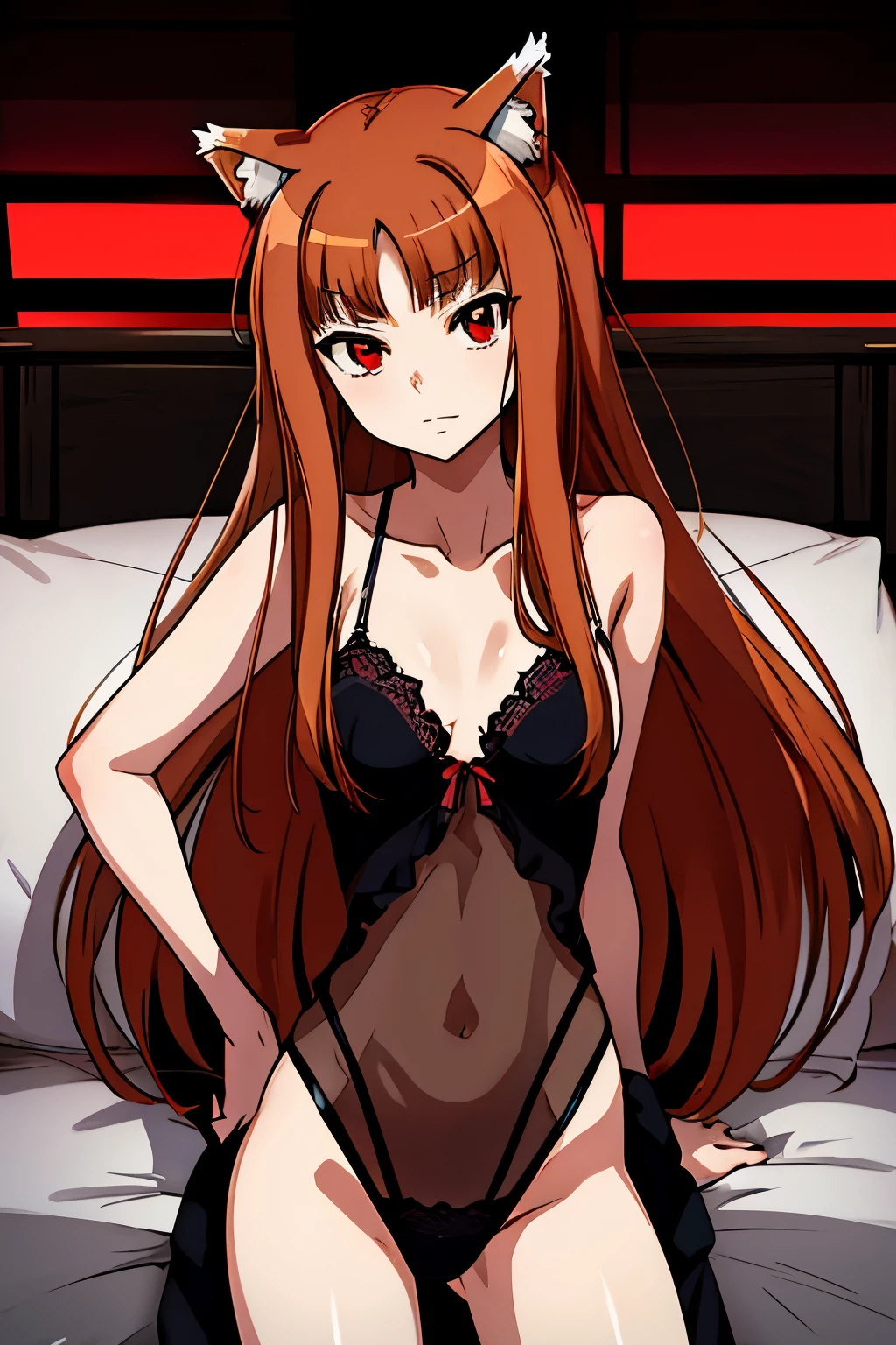 Holo,  wearing sexy body lingerie,  red eyes .