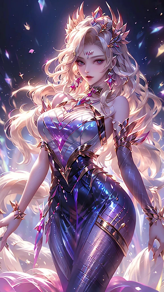 best quality,best quality, 1girl, solo, long hair, breasts, looking at viewer, blue eyes, skirt, blonde hair, gloves, dress, animal ears, bare shoulders, jewelry, medium breasts, earrings, parted lips, fox ears, fox tail, facial mark, multiple tails, whisker markings, purple gloves, pink gloves, ahri \(league of legends\)