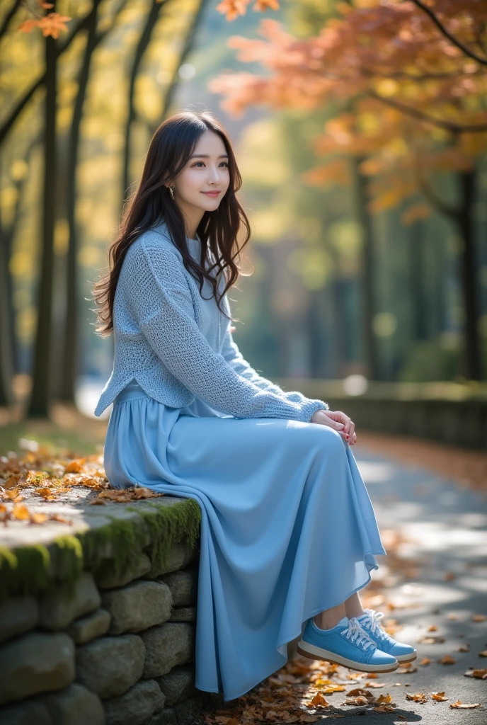 A portrait of a young woman sitting on a stone wall in an autumn forest. She has a gentle smile, her long dark blue hair flowing softly in the breeze. She is wearing a light blue long-sleeved knit sweater paired with a long flowing skirt, the colors blending seamlessly with the serene blue of the background. The knit sweater features delicate patterns, and the skirt flows slightly, giving the impression of movement as if it’s lightly caught by the autumn breeze. She gazes calmly into the distance, her expression serene and relaxed. Her feet are adorned with casual blue shoes, adding to the gentle, calm atmosphere.

The background consists of autumn trees with leaves turning shades of yellow and red, softly drifting down in the wind. Sunlight filters gently through the branches, casting a soft, warm light onto her shoulders and hair, highlighting the autumn mood. The stone wall she sits on is lined with fallen leaves, moss, and shows the passage of time. The path alongside the wall winds gently into the distance, inviting the viewer to imagine the forest continuing beyond the curve.

This scene captures a quiet moment in the natural world, evoking the tranquility of an autumn afternoon. The atmosphere is both calm and slightly melancholic, creating a peaceful yet emotionally evocative composition. The prompt emphasizes the intricate details of the autumn landscape, the woman's soft expression, her flowing hair, and the harmony of her attire with the surroundings. The intention is to portray a deep sense of connection with nature, as if even the gentle rustle of leaves or the breeze can be felt, embodying a serene and reflective moment in the forest.