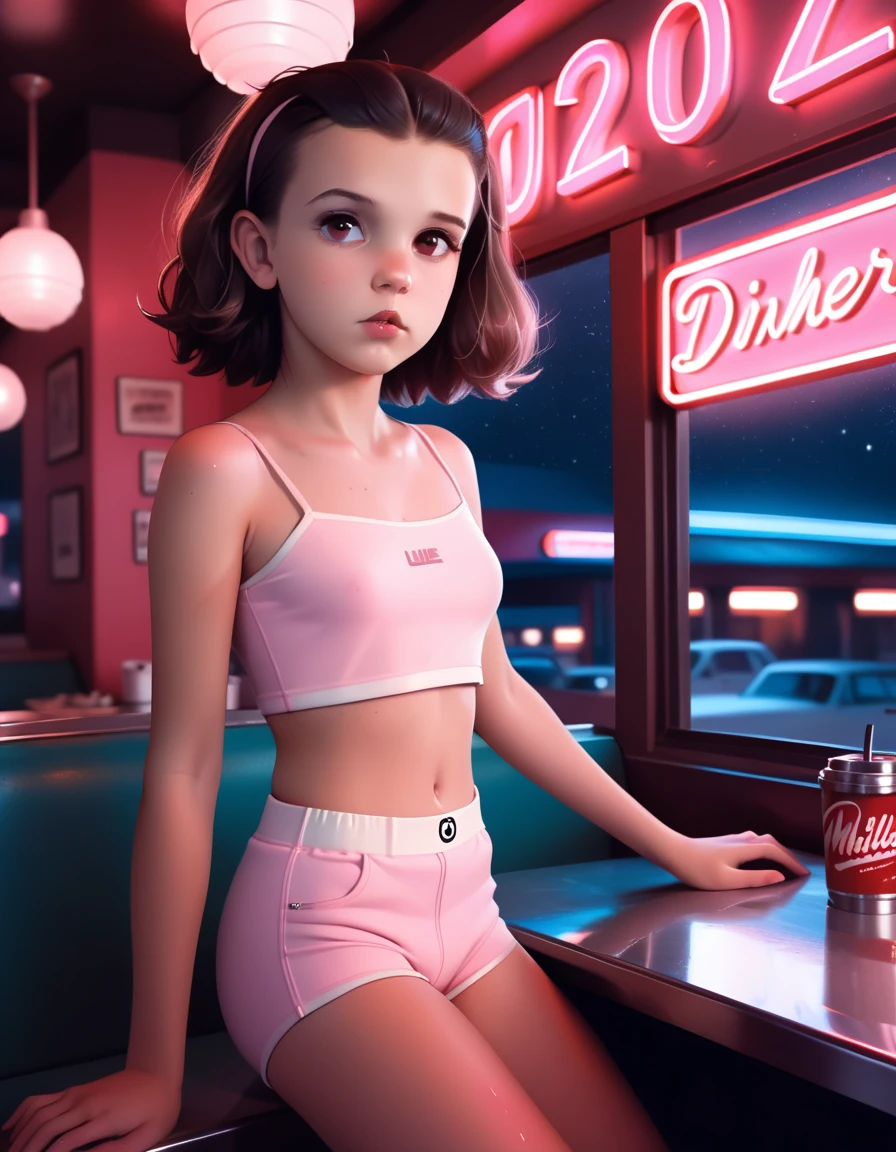 A young Millie Bobby Brown, revealing skimpy cotton pale pink crop-top and tight spandex shorts, working in a diner in the 1980s at night, dynamic pose:1.2, highres highly detailed best quality UHD RTX by Ilya Kuvshinov Tom Bagshaw WLOP, she is shy:1.2, bright lights and neon