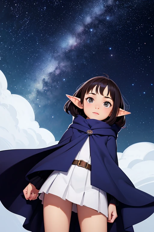 (Best Quality,Super detailed, Hi-Res,masterpiece:1.2)， a very young girl ， short stature ， Fisheye Lens ，*********，Elf Ears，is short，Hilly night sky，winter，winter colors, winter landscape,  starry sky ， aurora :1.3，Sky color Prussian blue Cobalt blue Purple Cyan. Planet, Bright Star, meteor, Tree tops swaying in the wind, thre beautiful 茶色髪 girl in winter clothes observes the starry sky with a dreamy look，White Breath， Girl Temptation，From below，