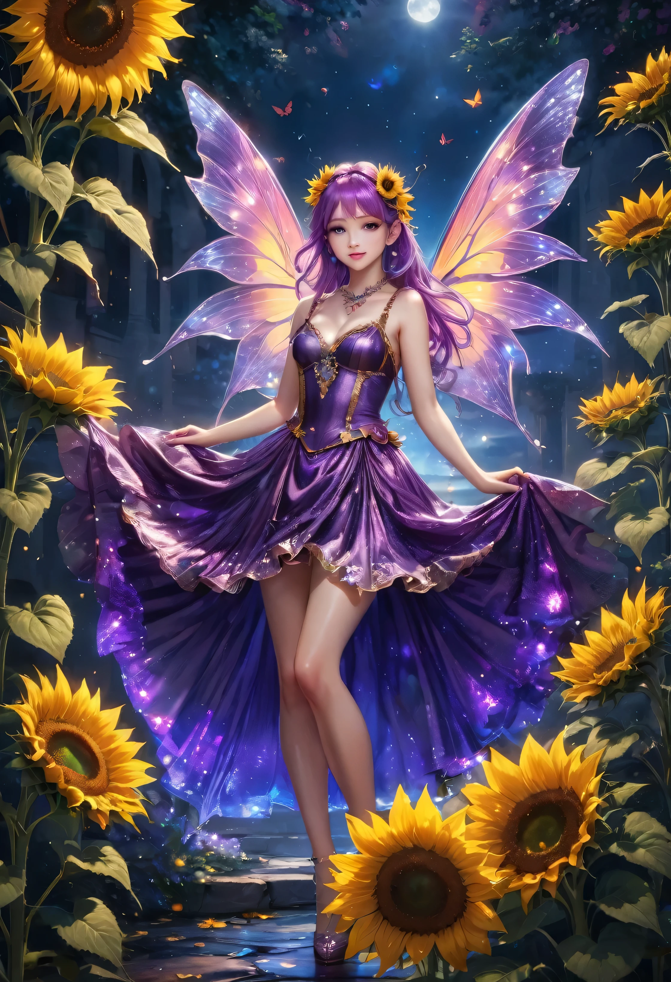 high details, best quality, 16k, RAW, [best detailed], masterpiece, best quality, (extremely detailed), GlowingRunes_red, full body, ultra wide shot, photorealistic, fantasy art, RPG art, D&D art, a picture of a fairy selling sunflowers in magic school, descendo as escadas para o baile, extremely beautiful fairy, ultra feminine (intense details, Masterpiece, best quality), butterfly wings purple and pink, representation moon in wings (intense details, Masterpiece, best quality), (intense details, Masterpiece, best quality), light purple and pink hair, long hair, shinning hair, moon hair, shy smile, innocent smile, purple shine eyes, elegant dress and shine dress at night (intense details, Masterpiece, best quality), extreme many (sunflowers: 1.3) (intense details, Masterpiece, best quality), dance and baile at magic school, High Detail, Ultra High Quality, High Resolution, 16K Resolution, Ultra HD Pictures, Ultra Realistic, Clear Details, Realistic Detail, Ultra High Definition