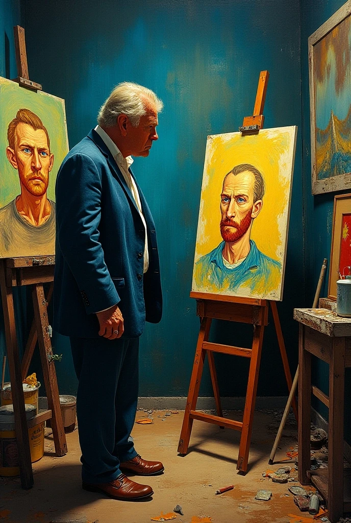 (masterpiece), best quality, (((old man in a shirt with tiger logo stands beside naked girl))), (((nude naked young teen girl who who has short blonde chignon hair and holds a paintbrush))) and has mouth open and has medium breast and nipple and vagina and earring and wristwatch and necklace, art canvas in background, bucket of vibrant colorful paint, classroom setting, classroom, crowd of old men in black suits in the background, crowd of old men in black suits in the background, crowd of old men in black suits in the background, artwork in background, vibrant specks of paint on body, paint on body, paint smeared on body, paint spatter on body, paint spatter on body, paint hand print,