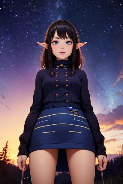 (Best Quality,Super detailed, Hi-Res,masterpiece:1.2)， a very young girl ， short stature ， thin thighs， Fisheye Lens ，Baby Face，Elf Ears，is short，Hilly night sky，winter，winter colors, winter landscape,  starry sky ， aurora :1.3，Sky color Prussian blue Cobalt blue Purple Cyan. Planet, Bright Star, meteor, Tree tops swaying in the wind, thre beautiful 茶色髪 girl in winter clothes observes the starry sky with a dreamy look，White Breath， Girl Temptation，From below，