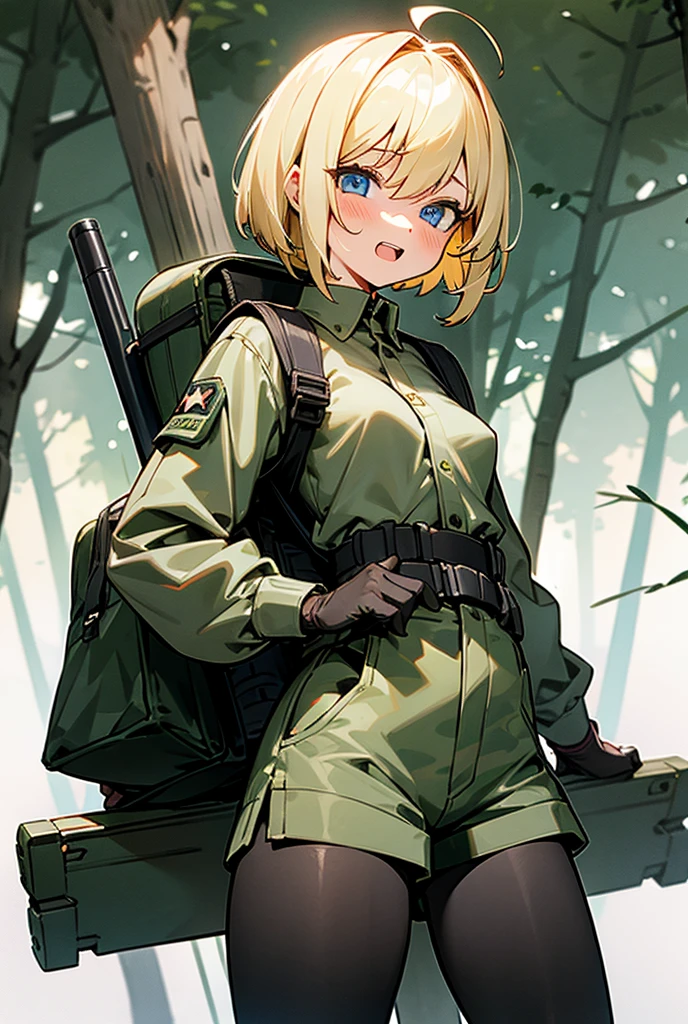 Masterpiece, ultra high quality, blond hair, military uniform, forest camuflage, have a knife, military helmet,