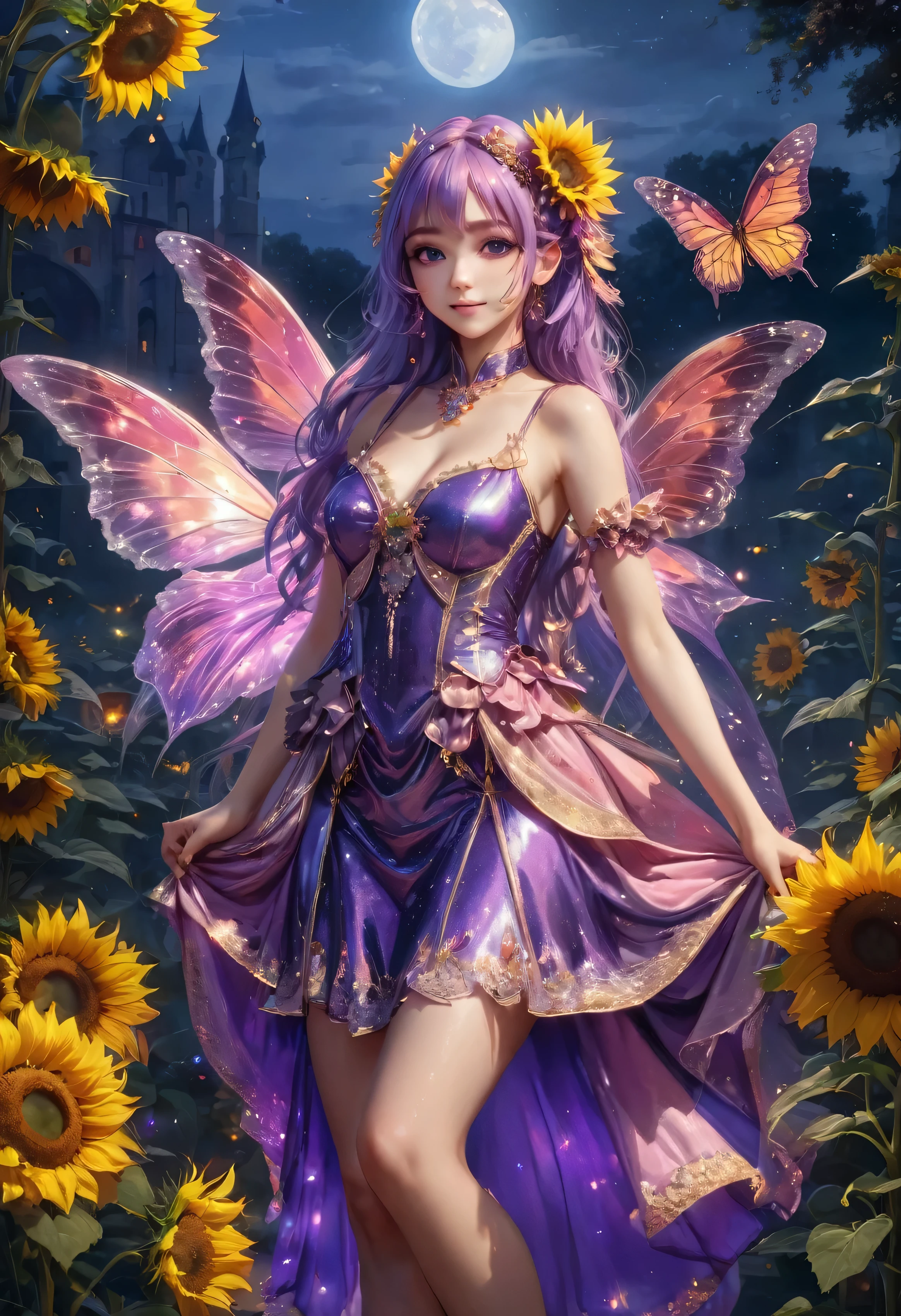 high details, best quality, 16k, RAW, [best detailed], masterpiece, best quality, (extremely detailed), GlowingRunes_red, full body, ultra wide shot, photorealistic, fantasy art, RPG art, D&D art, a picture of a fairy selling sunflowers in magic school, descendo as escadas para o baile, extremely beautiful fairy, ultra feminine (intense details, Masterpiece, best quality), butterfly wings purple and pink, representation moon in wings (intense details, Masterpiece, best quality), (intense details, Masterpiece, best quality), light purple and pink hair, long hair, shinning hair, moon hair, shy smile, innocent smile, purple shine eyes, elegant dress and shine dress at night (intense details, Masterpiece, best quality), extreme many (sunflowers: 1.3) (intense details, Masterpiece, best quality), dance and baile at magic school, High Detail, Ultra High Quality, High Resolution, 16K Resolution, Ultra HD Pictures, Ultra Realistic, Clear Details, Realistic Detail, Ultra High Definition