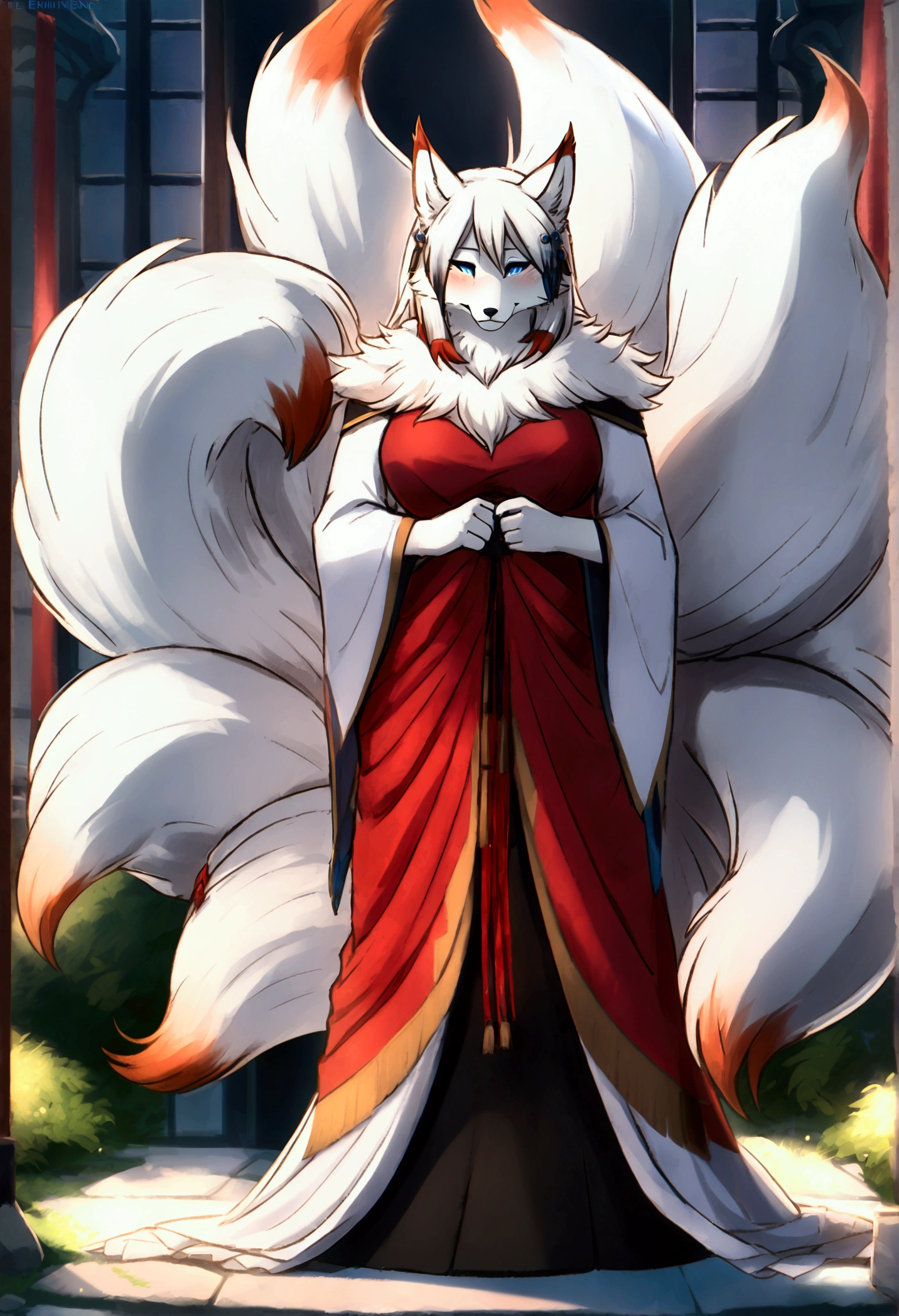 (top quality, best quality, Bahnbahn, High-quality illustrations, masterpiece, perfect artwork, cinematic light and shading, 16k, 1080p, uploaded on e621)(kemono, furry, anthro, alone), 1 female, (very detailed body, face, tail, arms, hands, legs, head and eyes), arctic fox, Yukime, (The Eminence in Shadow), hunter body, huge breasts, white fur, fluffy, fluffy nine tails, hair, perfect eyes, blue eyes, black pupils, beautiful dress, beautiful shrine garden, body movement, body twitching, red blushing, shy, protective behavior