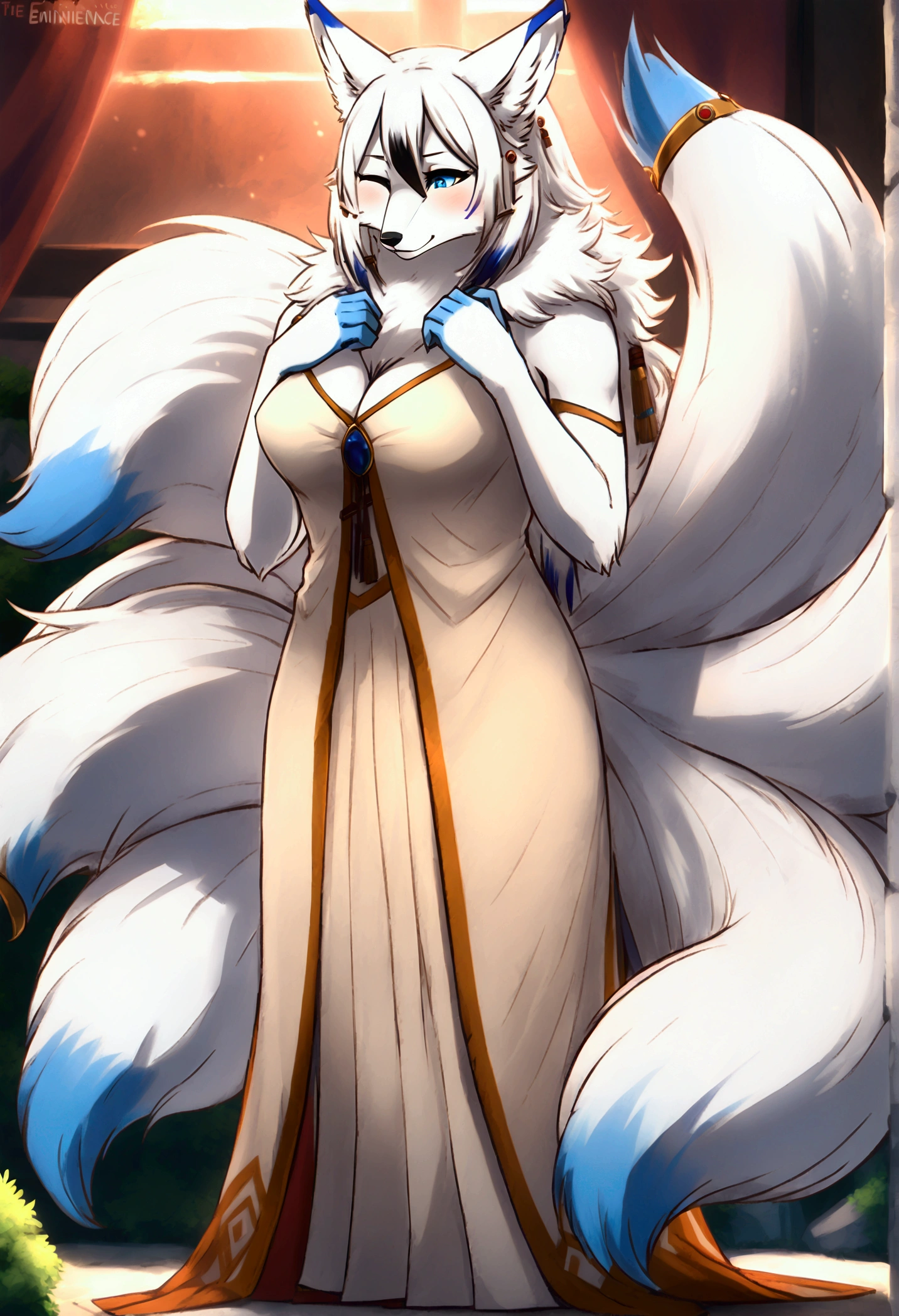 (top quality, best quality, Bahnbahn, High-quality illustrations, masterpiece, perfect artwork, cinematic light and shading, 16k, 1080p, uploaded on e621)(kemono, furry, anthro, alone), 1 female, (very detailed body, face, tail, arms, hands, legs, head and eyes), arctic fox, Yukime, (The Eminence in Shadow), hunter body, huge breasts, white fur, fluffy, fluffy nine tails, hair, perfect eyes, blue eyes, black pupils, beautiful dress, beautiful shrine garden, body movement, body twitching, red blushing, shy, protective behavior