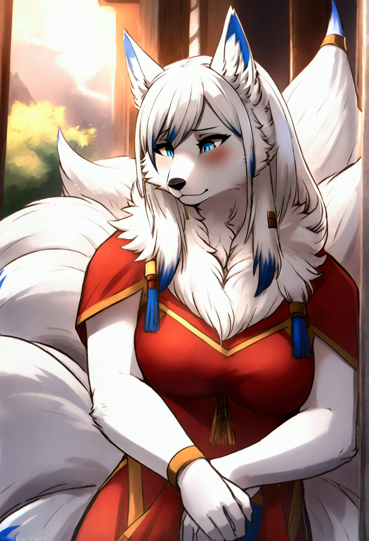 (top quality, best quality, Bahnbahn, High-quality illustrations, masterpiece, perfect artwork, cinematic light and shading, 16k, 1080p, uploaded on e621)(kemono, furry, anthro, alone), 1 female, (very detailed body, face, tail, arms, hands, legs, head and eyes), arctic fox, Yukime, (The Eminence in Shadow), hunter body, huge breasts, white fur, fluffy, fluffy nine tails, hair, perfect eyes, blue eyes, black pupils, beautiful dress, beautiful shrine garden, body movement, body twitching, red blushing, shy, protective behavior