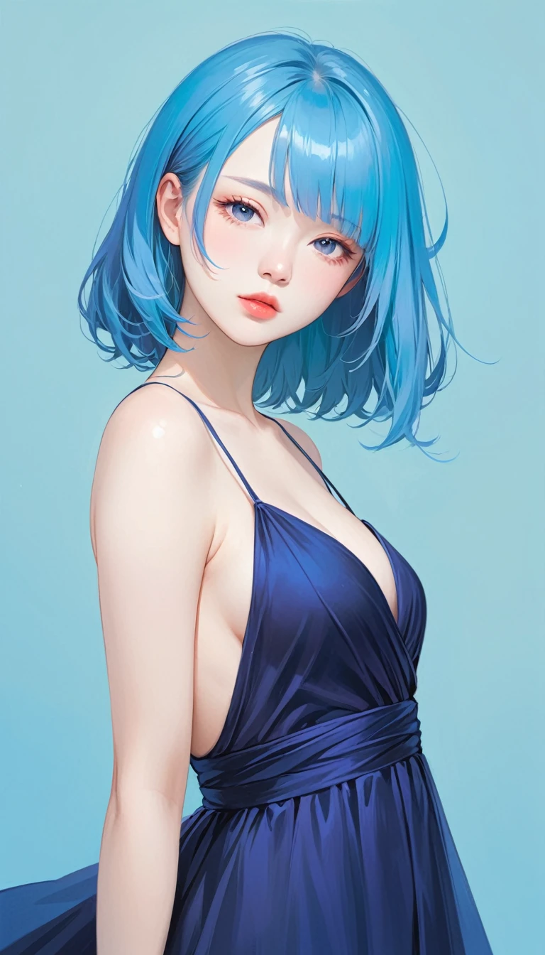 1girl, Alone, Chest, Viewer,  blue eyes,  simple background , Light blue background, Jewelry, medium Chest, Lazy, Half-closed eyes,  blue hair , evening dress,  upper body, Open clothes, abdomen, From the side, open scarf , Lips, black evening dress, compensate, 纱 evening dress,style: midjourney,1 girl