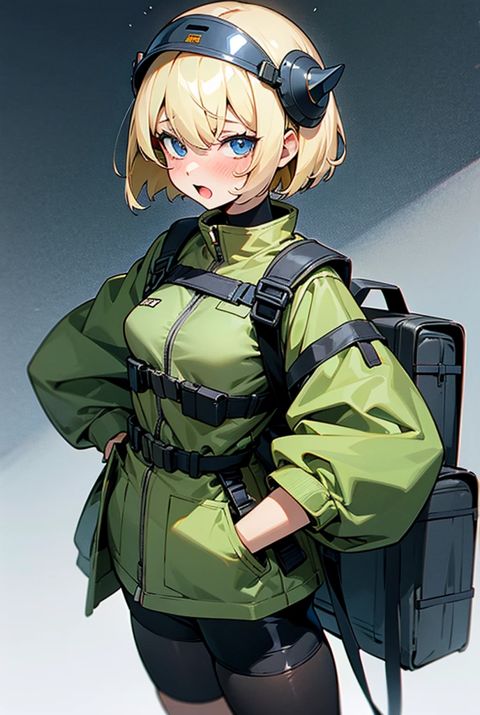masterpiece,1girl,solo,looking at viewer, simple background,bear ears,short hair,green shirt,blue pants,red eyes