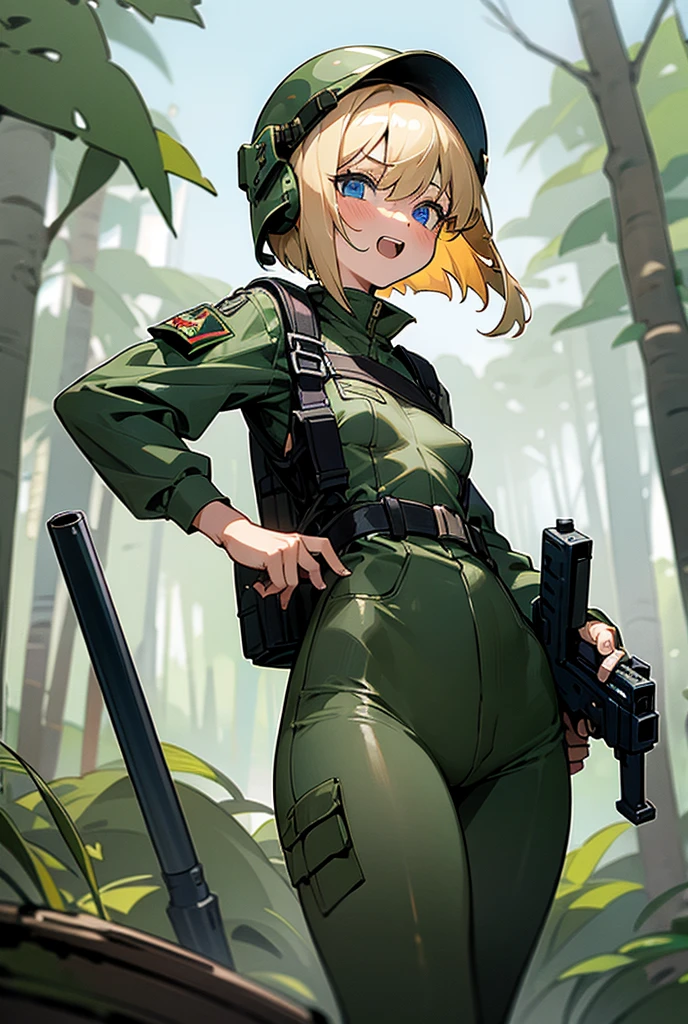 Blonde,  shortcut,  blue eyes,  Blushing ,  bangs between eyes ,  open your mouth ,  show your teeth and laugh , 1 girl, wide angle shot ,Short Hair, very small breasts ,Bob Hair, very small breasts ,M9 handgun equipment ,Background forest, how to hold it is cool, carrying a big backpack,I'm wearing a bulletproof vest , shorts and tights,I'm wearing a Self-Defense Forces camouflage suit , I'm wearing a military Fritz helmet