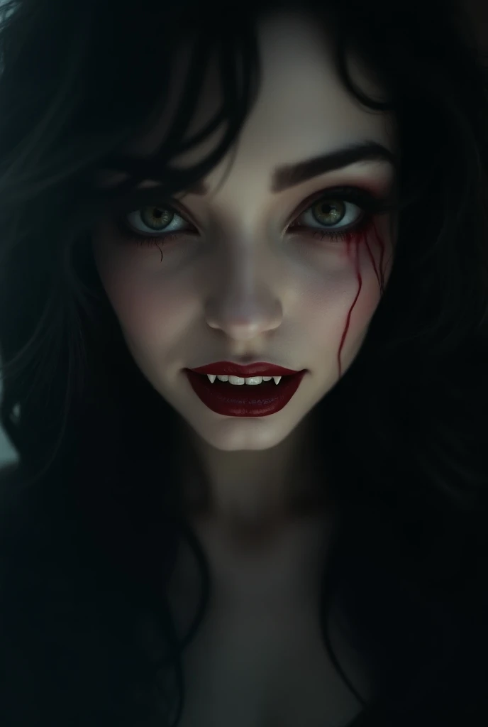 a close up of a woman with blood on her face and teeth, photorealistic dark concept art, horror cgi 4 k, makeup. unreal engine, female revenant, endwalker cinematic, diablo 4 lilith, highly detailed horror, detailed cinematic render, female vampire, 4k concept art and hyper realism, eerie highly detailed, evil dead face, horror!! highly detailed@Wanda