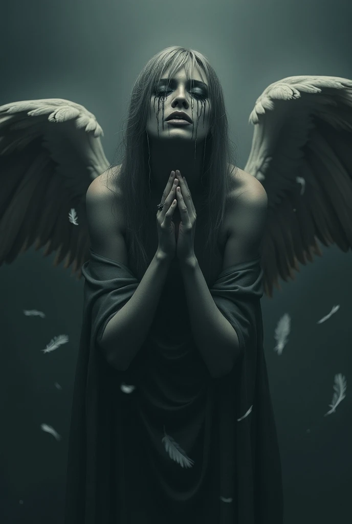 beautiful fallen angel, crying face, sits on a deserted land, naked, praying