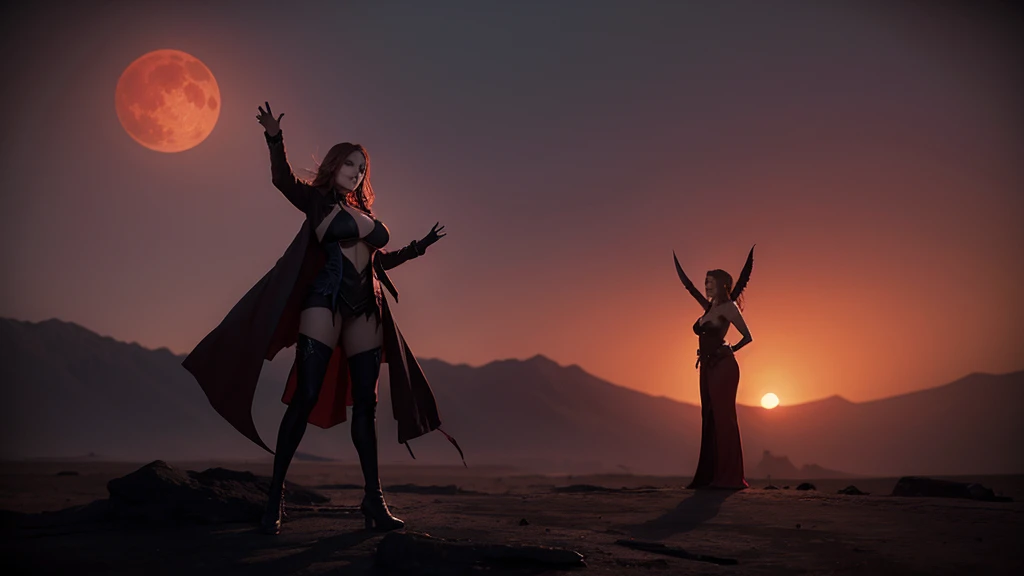 In a barren landscape, the big vampire sorceress stands beneath an ominous sky, raising her hands to the heavens. Slowly, a blood-red moon rises from the horizon, casting its eerie glow over the land as she draws its power into herself.