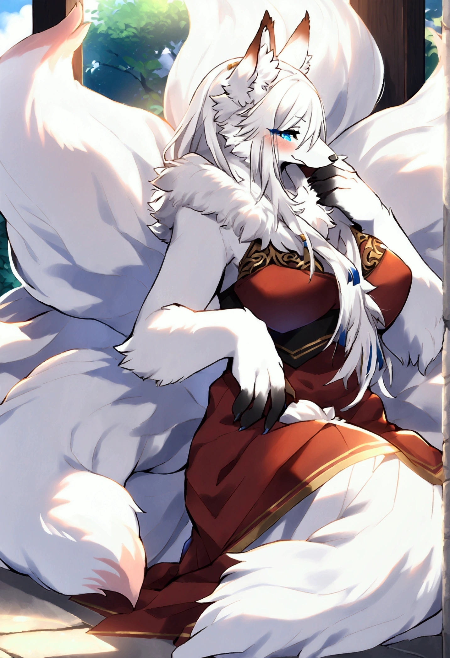 (top quality, best quality, Lemoco, High-quality illustrations, masterpiece, perfect artwork, cinematic light and shading, 16k, 1080p, uploaded on e621)(kemono, furry, anthro, alone), 1 female, (very detailed body, face, tail, arms, hands, legs, head and eyes), arctic fox, Yukime, (The Eminence in Shadow), hunter body, huge breasts, white fur, fluffy, fluffy nine tails, hair, perfect eyes, blue eyes, black pupils, beautiful dress, beautiful shrine garden, body movement, body twitching, red blushing, shy, protective behavior