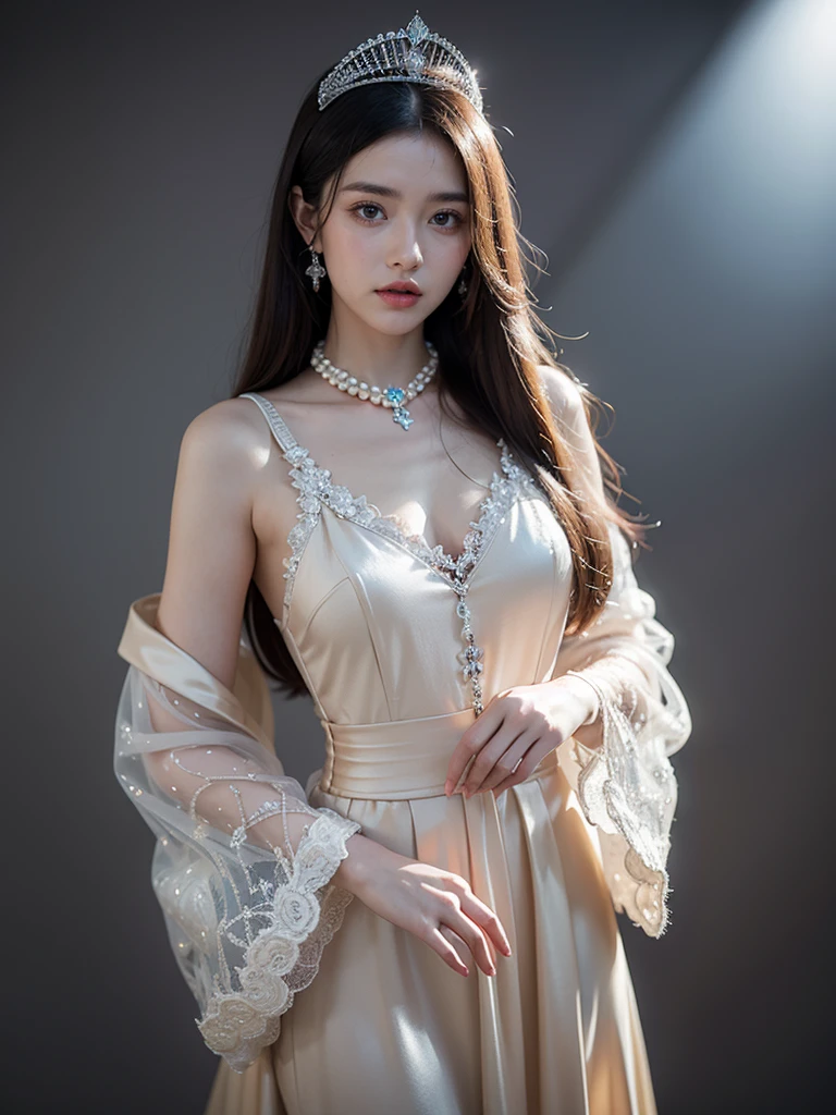 100% Full HD Bluray Extreme UHD 4K 128k High-Quality Anime Image Wide picturesque brushstrokes painted in oil. A stunning portrait of a luxurious woman in a relaxed pose standing against an isolated grey background, dressed in an outfit with a magnificent collar of tiered light lace and wide sleeves and trains flowing from the waist. An elegant image, large massive jewelry made of pearls and silver stars, a tiara in black hair. Soft light, clear details, coherence, fantasy, hyperrealism, high-end rendering, intricate concept art, the highest quality.