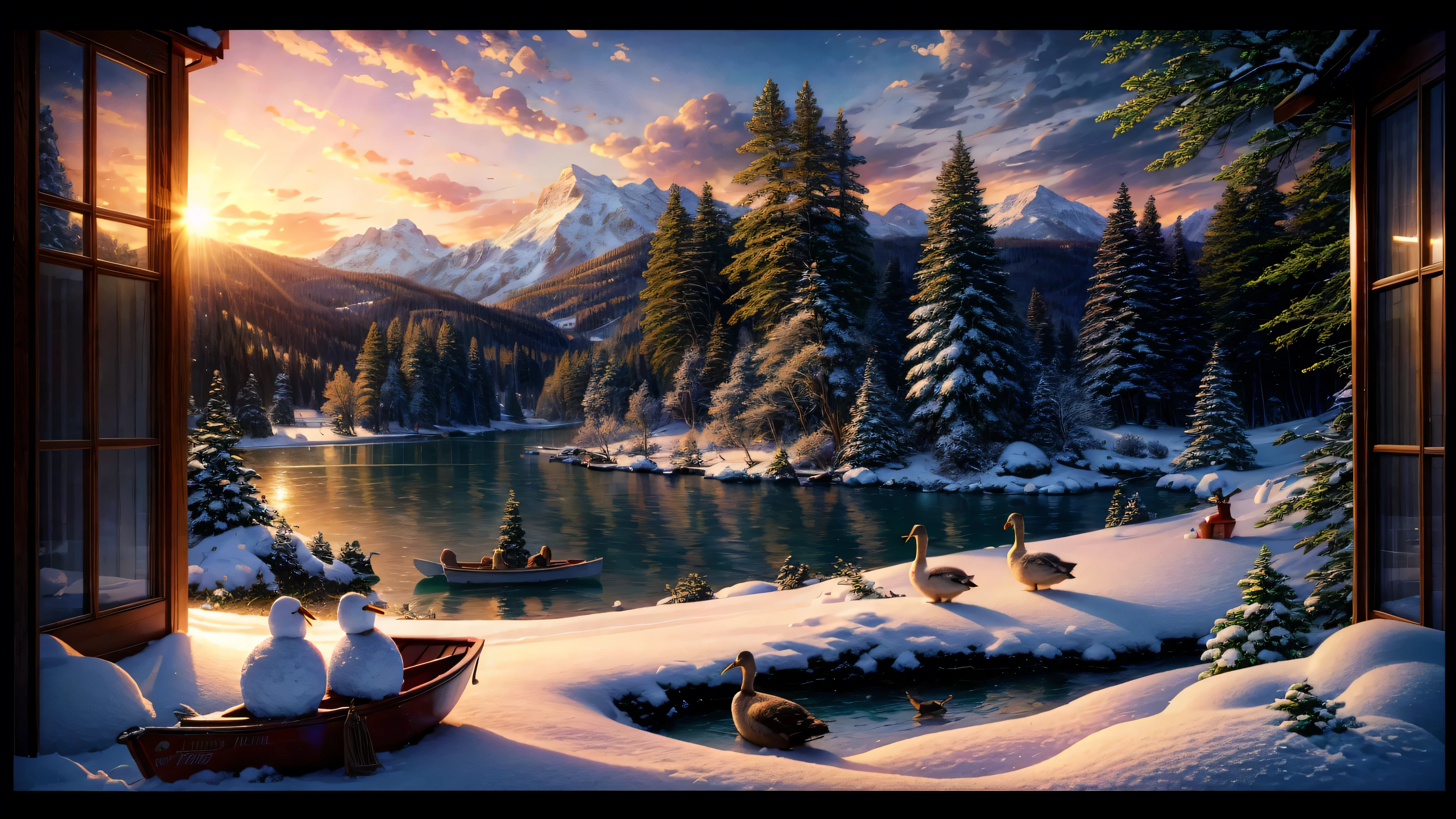 Beautiful winter scene, Thomas Kinkade, mountain lake with an old log cabin in the clearing, campfire in front of the cabin, snowman next to the cabin, red canoe on the shore next to the lake, soft glow coming from the windows in the cabin, ducks flying overhead, deer in the distance coming for a drink, sun has set, beautiful glow in the evening sky, snow on the ground and on the trees, 