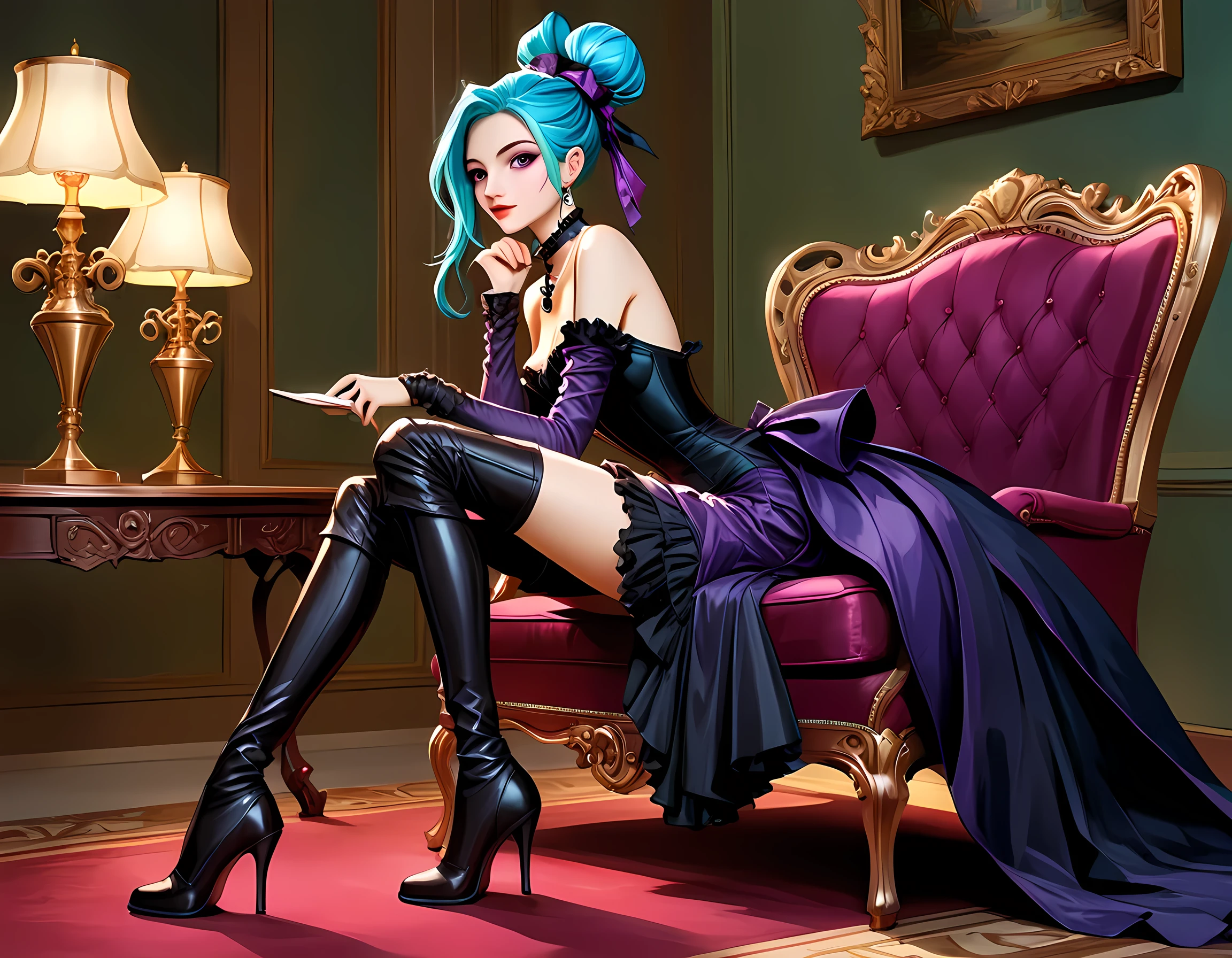 Green hair, 1girl, expresionless, long hairBest quality,masterpiece,a high resolution,Adult female, 1girl, Mafia member, sitting on throne, legs crossed, visible breasts apart, visible collarbone, holding cane, visible cane, lipstick, white hair, long hair, yellow eyes, black coat, long pant, thighs, black pant,