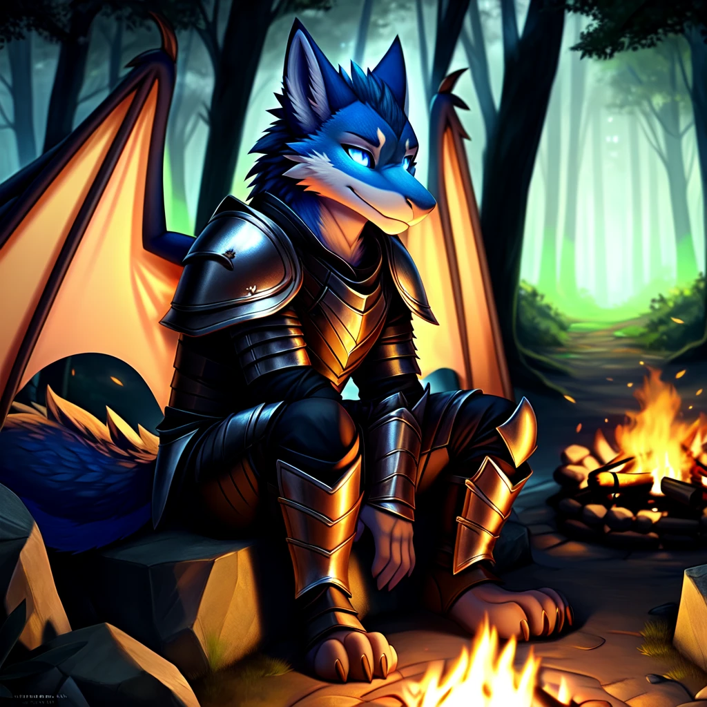 ( detailed face ,  detailed background,  detailed body )
Ein cuteer Drachenjunge, jung, cute, , blue scales, Glowing wings, sitting at a campfire , A forest in the background,  shadow wolves in the background, He wears leather armor, 