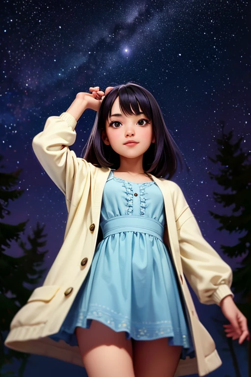 (Best Quality,Super detailed, Hi-Res,masterpiece:1.2)， a very young girl ， short stature ， thin thighs， Fisheye Lens ，Baby Face，is short，Hilly night sky，winter，winter colors, winter landscape,  starry sky ， aurora :1.3，Sky color Prussian blue Cobalt blue Purple Cyan. Planet, Bright Star, meteor, Tree tops swaying in the wind, thre beautiful 茶色髪 girl in winter clothes observes the starry sky with a dreamy look，White Breath， Girl Temptation，From below，