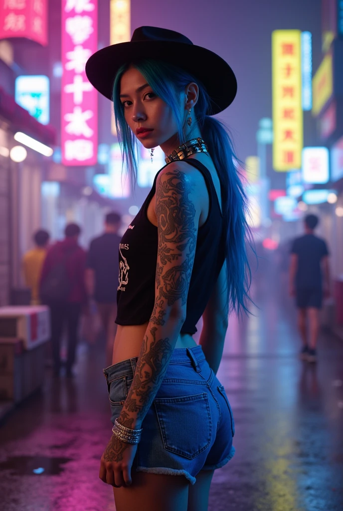 A captivating fashion photograph featuring a confident woman with vibrant blue hair styled in a high ponytail. She wears a form-fitting orange outfit with a plunging neckline and a form-fitting design that highlights her confident stance. Her body is adorned with intricate tattoos, with a dramatic dragon design prominently featured on her right thigh. The neon city environment surrounding her is filled with Asian script signs, creating a futuristic and vibrant atmosphere. The woman’s powerful presence commands the attention of everyone who watches this breathtaking scene.NSFW