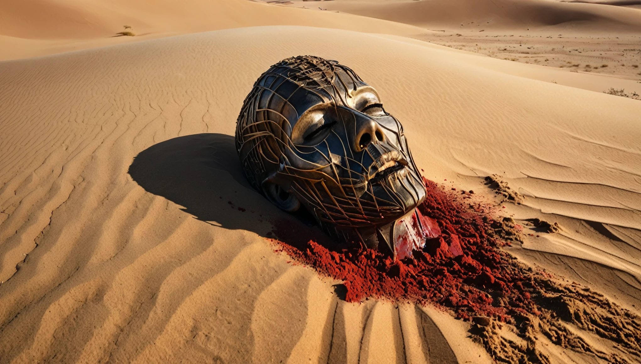 A highly realistic, high-contrast, 8K HD, detailed, hyper-detailed image of a severed head lying on the sand in a desert. The head appears to have been recently cut off by a sword, with a clean cut at the neck. The surrounding sand is stained with fresh blood, adding to the grim atmosphere. The scene is set against the backdrop of a vast desert landscape, with the golden light of the setting sun casting long shadows and adding a warm glow to the sand. The image is of the highest quality, with ultra-high resolution, RAW photo quality, and Unreal Engine rendering, capturing the stark and brutal reality of the aftermath of battle in the desert