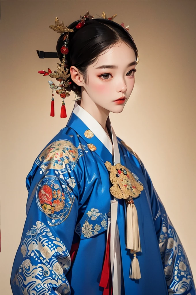 one person 16th century korean woman, and one person 16th century korean man, hanbok, traditional korean clothing, portrait, upper body, sexy beauty, seductive, mature, sensual, Ink painting