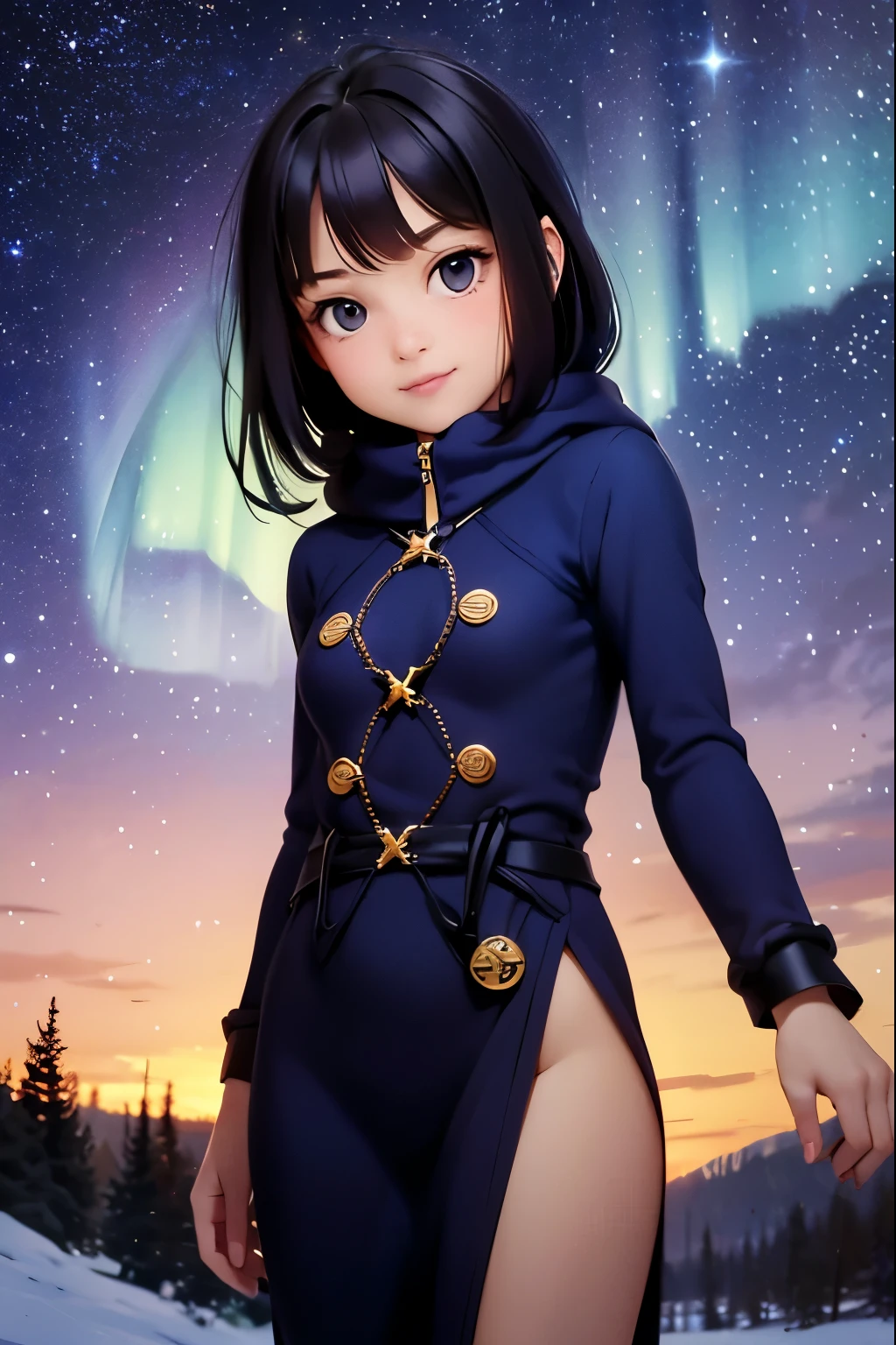 (Best Quality,Super detailed, Hi-Res,masterpiece:1.2)， a very young girl ， short stature ， thin thighs， Fisheye Lens ，Baby Face，is short，Hilly night sky，winter，winter colors, winter landscape,  starry sky ， aurora :1.3，Sky color Prussian blue Cobalt blue Purple Cyan. Planet, Bright Star, meteor, Tree tops swaying in the wind, thre beautiful 茶色髪 girl in winter clothes observes the starry sky with a dreamy look，White Breath， Girl Temptation，From below，