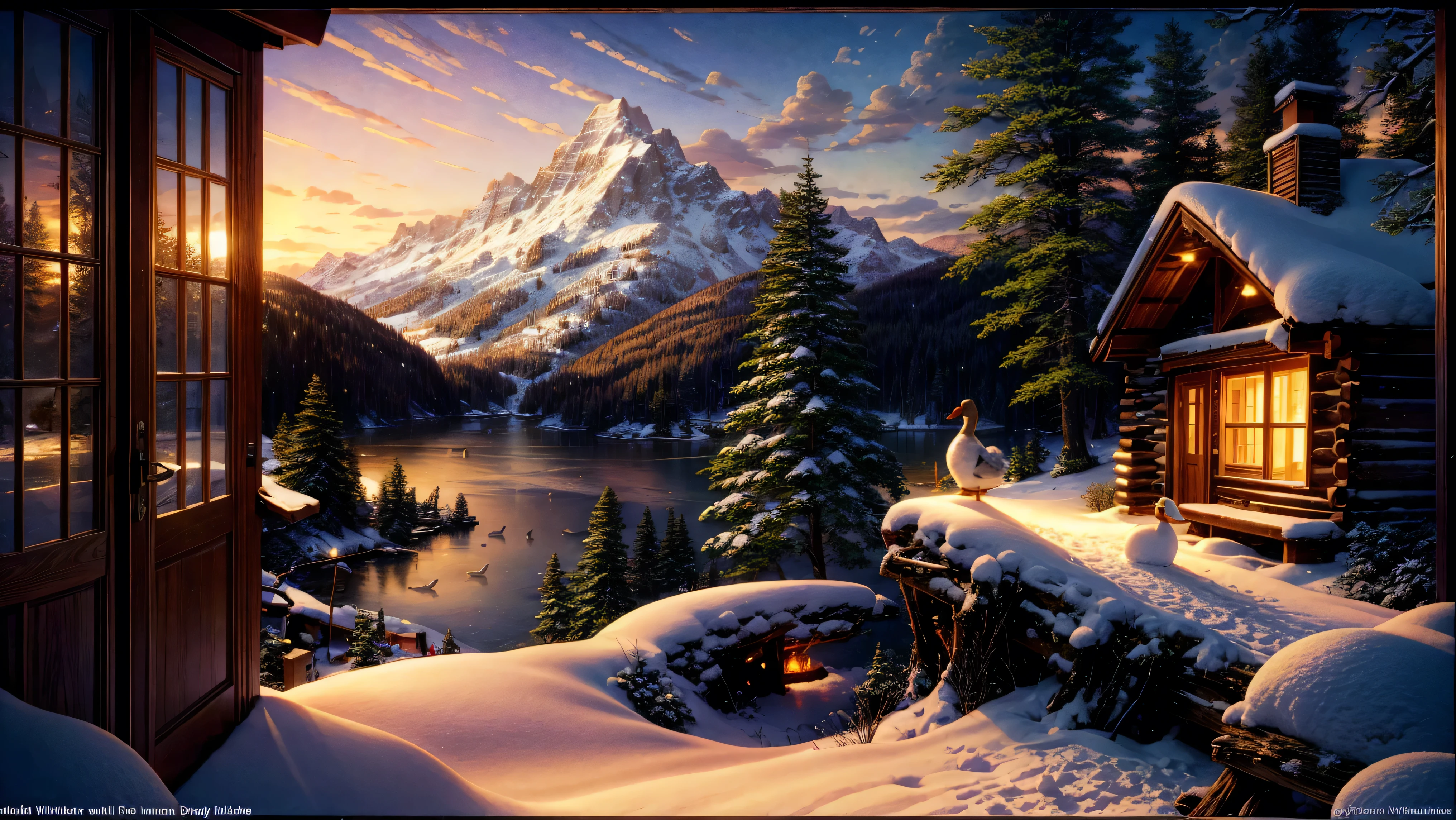 Beautiful winter scene, Thomas Kinkade, mountain lake with an old log cabin in the clearing, campfire in front of the cabin, snowman next to the cabin, red canoe on the shore next to the lake, soft glow coming from the windows in the cabin, ducks flying overhead, deer in the distance coming for a drink, sun has set, beautiful glow in the evening sky, snow on the ground and on the trees, 