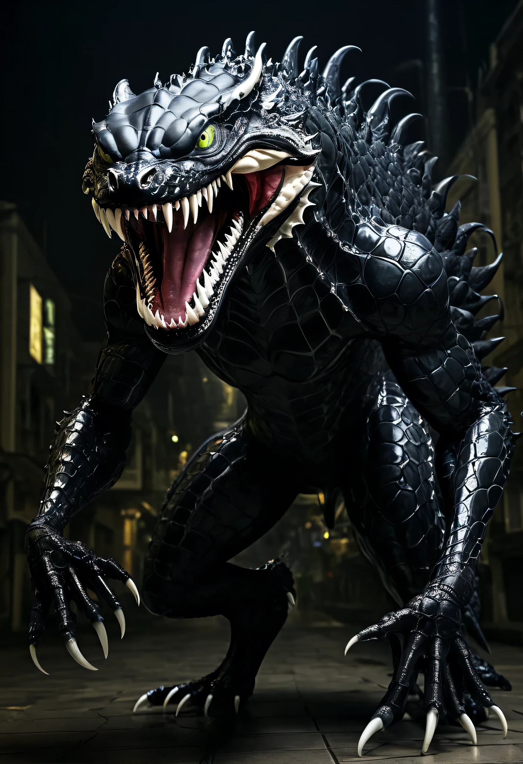 Venom + Crocodile. Venom And Crocodile Physically Combined And A New Hybrid Animal Formed. Crocodile's Body, Venom's Big White Eyes And Mouth, Venom's Black Hands, Full Body, Side View