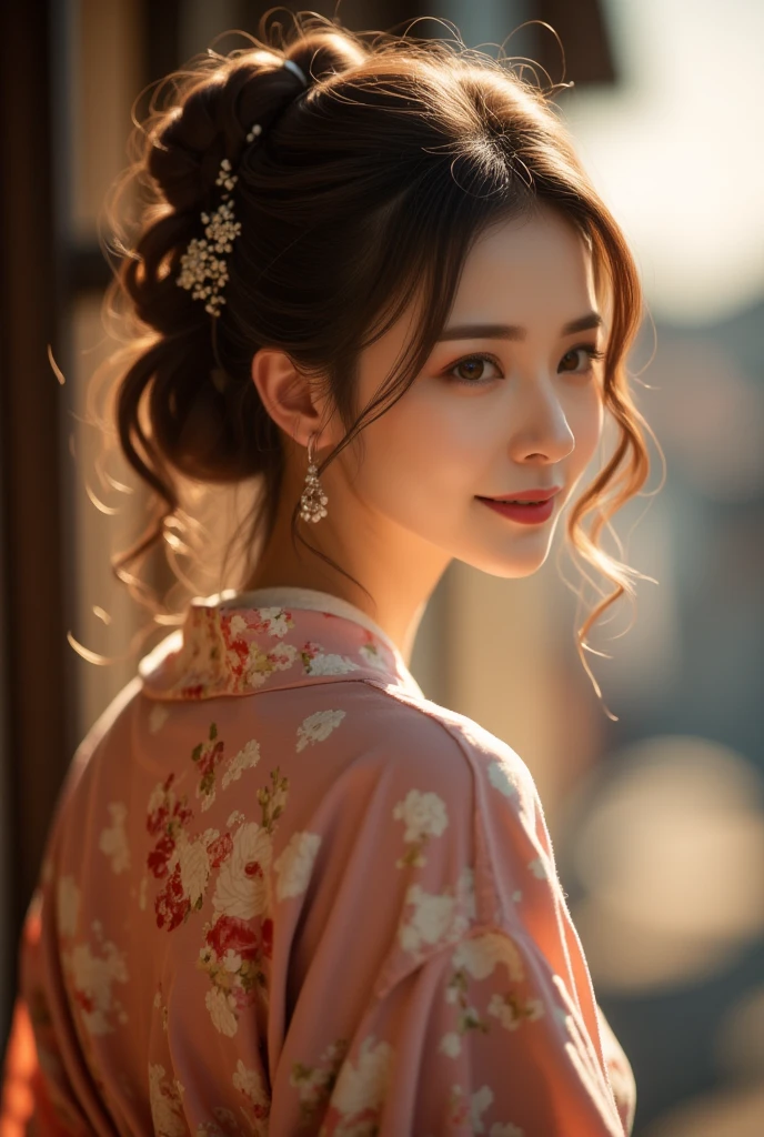 1woman, solo, close up, slender,((kimono and obi)), soft smiling, (best quality,8k,highres,masterpiece:1.3), ultra-detailed, (realistic,photorealistic,photo-realistic:1.37), portrait, cinematic, warm lighting, medium format, golden hour, dramatic shadows, vibrant colors,((hair up)),