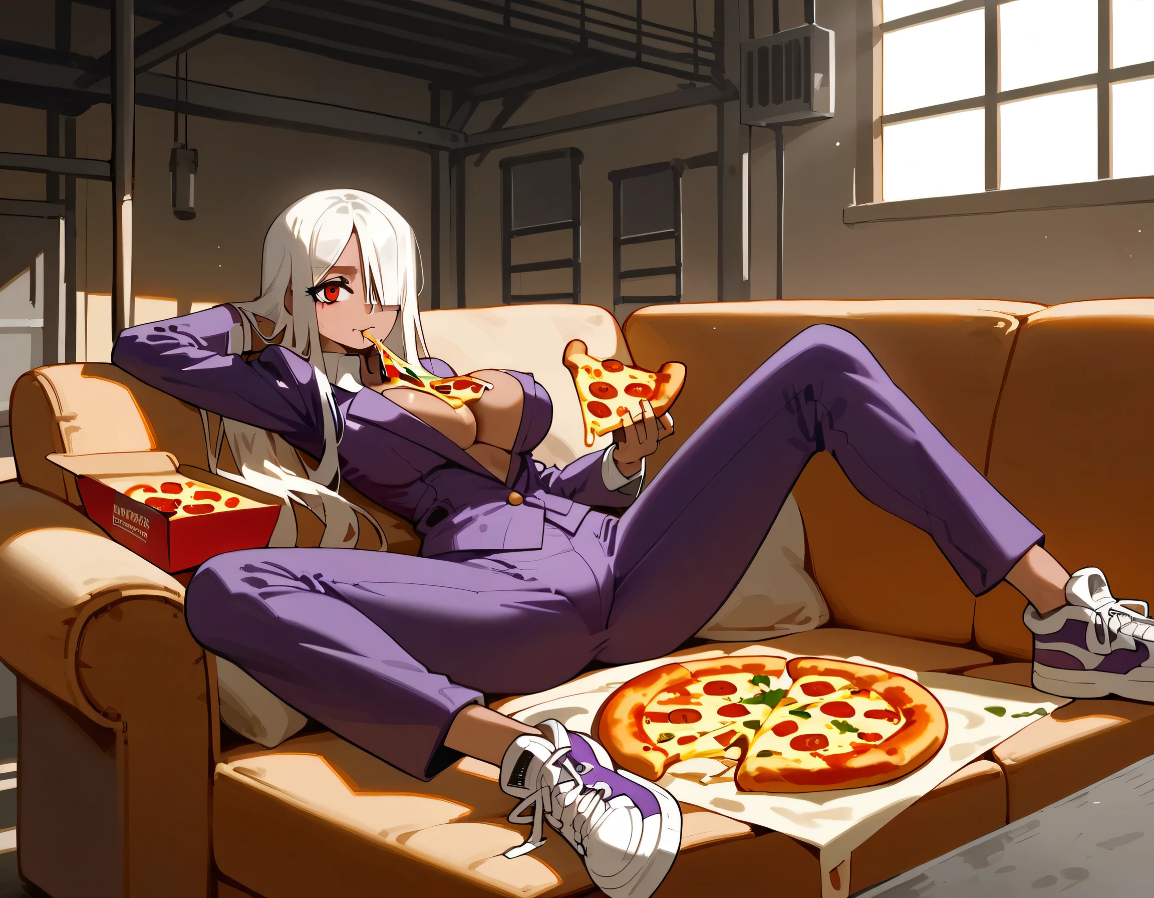 masterpiece, 4k, details, extreme details, high resolution , skullgirl art style , 1 woman , brown skin , white long hair, red eyes, hair cover one eye , mischievous face , purple suit costume , large breasts , long pants , long legs , sneakers , hand behind head , one hand holding pizza , eating pizza , set on sofa , spread legs , abandoned factory 