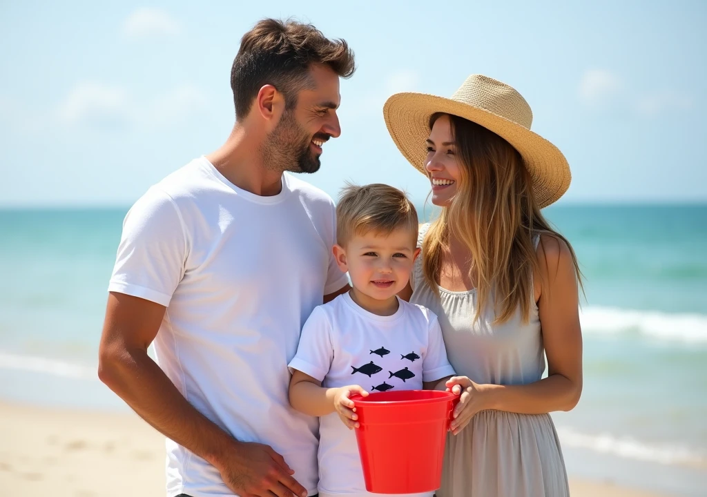 Family with children on vacation in Anapa, mom in white dress, dad in blue shorts and white T-shirt. Children in light-colored costumes. They have soap bubbles in their hands. Everyone is smiling, enjoying a holiday by the sea. 4K quality.