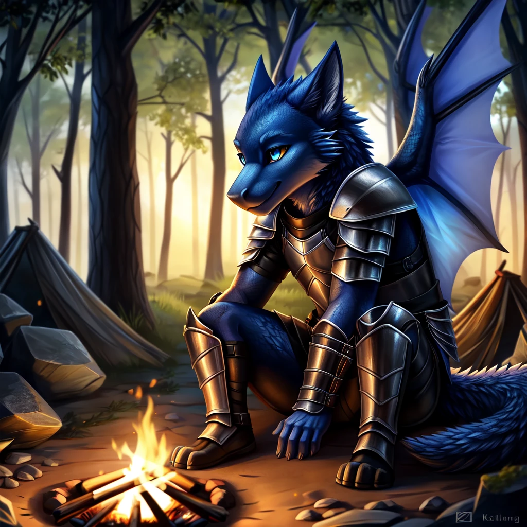 ( detailed face ,  detailed background,  detailed body )
Ein kleiner cuteer Kind, very young, The young, cute, , blue scales, Glowing wings, sitting at a campfire , A forest in the background,  shadow wolves in the background, He is wearing leather armor , 