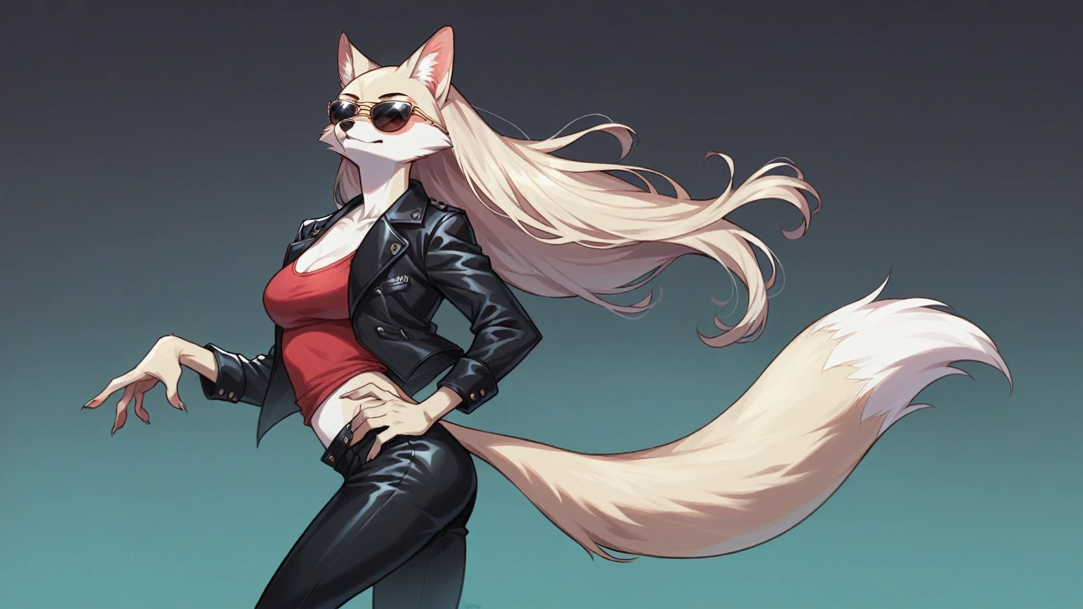 Women, alone, girl,  detailed face , furry, femenino, Cara fox , fox tail,  white fur, femenino,  long hair , black leather jacket, polo blanco, wear sunglasses, posing, in a heavenly sky while a plant covers his body.