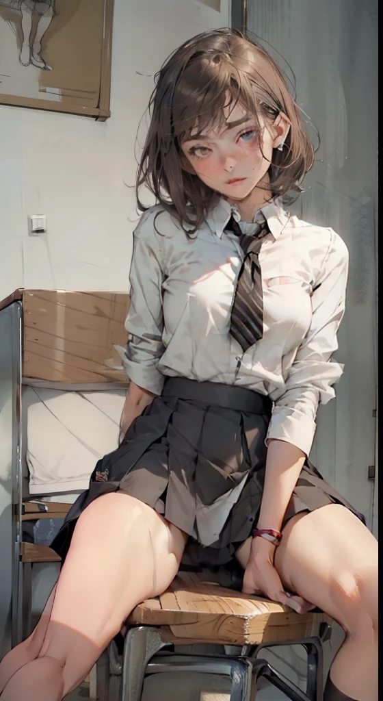 1 boy ((fucks a girl)), 1 girl ((fucks a girl)), , missionary position , face to face, Girl in a short skirt, ((skirt pulled up)), sits on the table, foot lock (1 small), brown hair