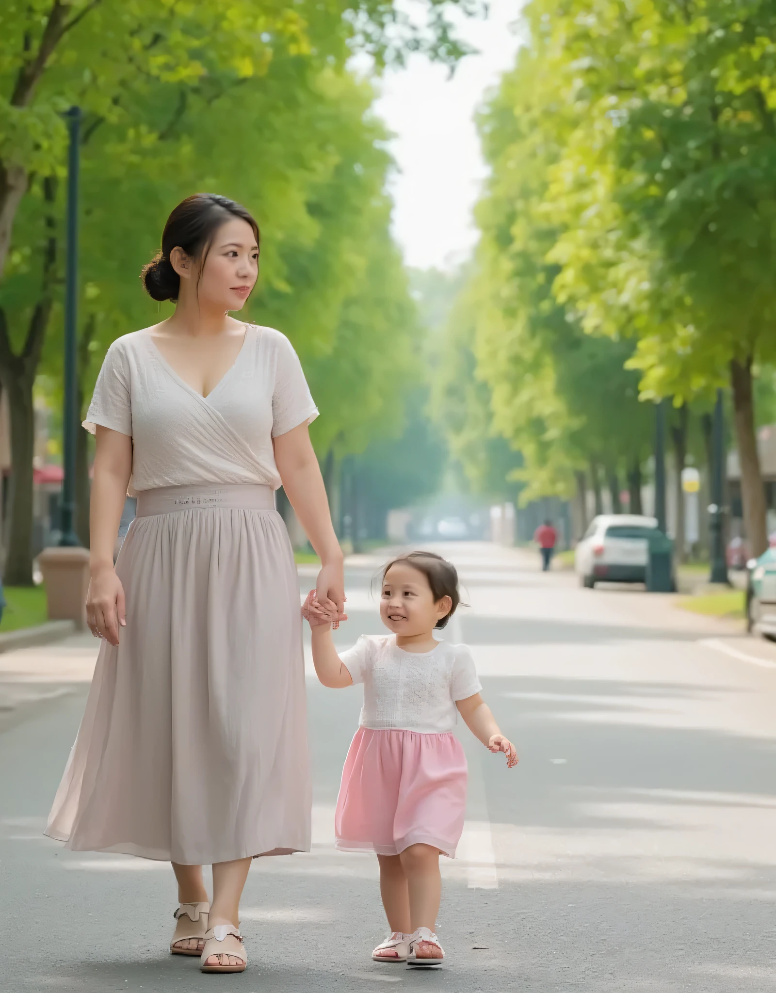 (Best Quality、High image quality、 real)、 30 year old Japanese woman 、((Big Breasts))、Beautiful legs、3 walking hand in hand with a {x} -old r、Mother and 、Summer Park、Tree-lined street、combed black hair、Summer clothing、Short sleeve v-neck shirt 、 long skirt、Beautiful summer sandals