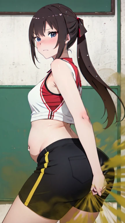 2 Asian girls, both girls farting, desperate to poop, farting while playing badminton, stomach growling, wearing sports outfit, chinese girl, tomboy, stomach bloated, hands hugging stomach, pained expression, shocked and embarrassed expression, mouth open in shock, blushing, beautiful and cute face, anime art style, fit body, tall and thin, view from front