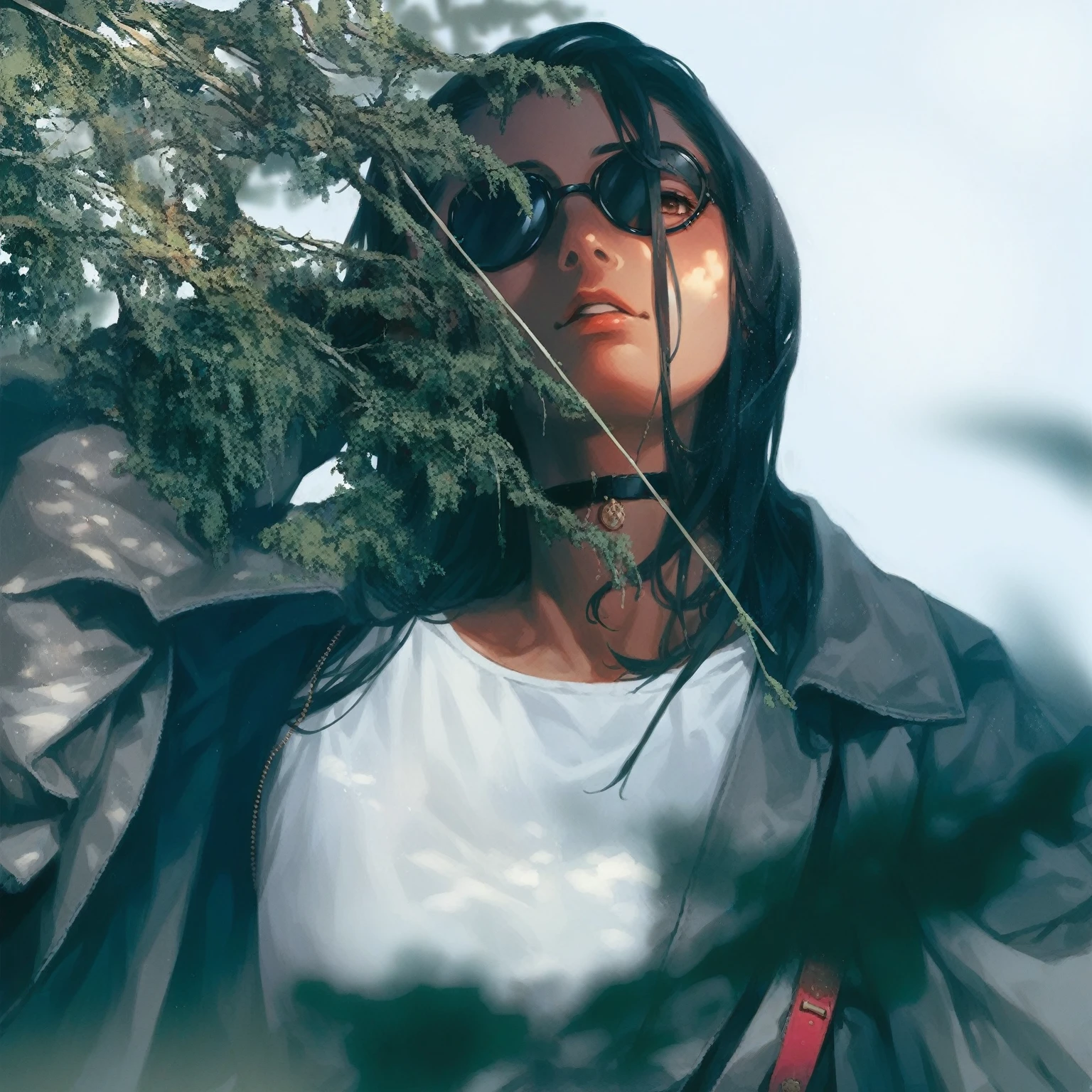 Women, alone, girl, femenino,  long hair ,  wears black lenses , posing,  while a plant covers her body.